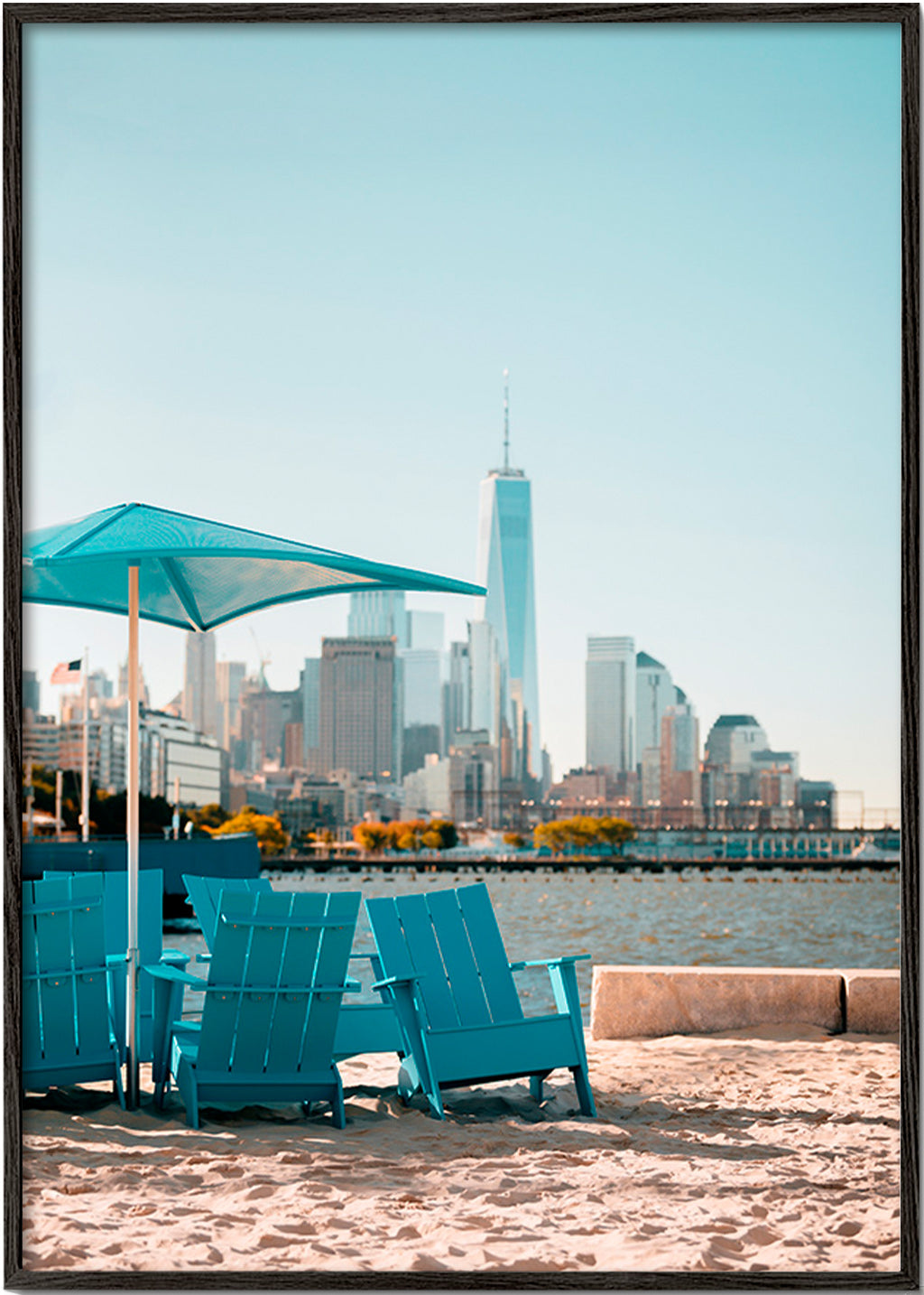 Travel poster with turquoise beach chairs and city skyline – Black Frame