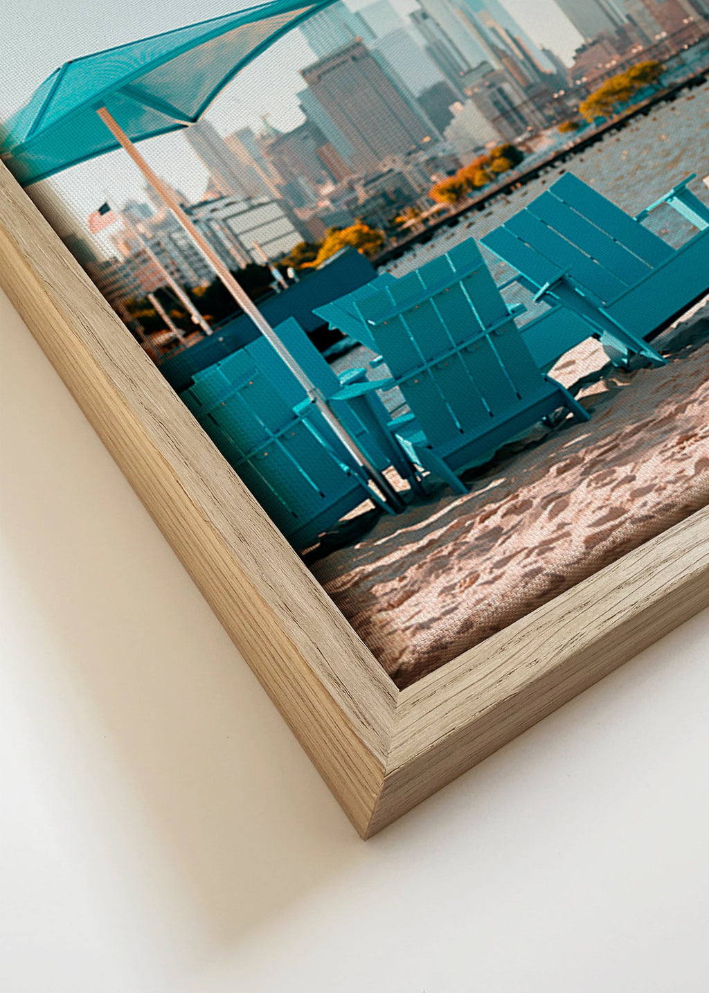 Travel poster with turquoise beach chairs and city skyline – Canvas detail