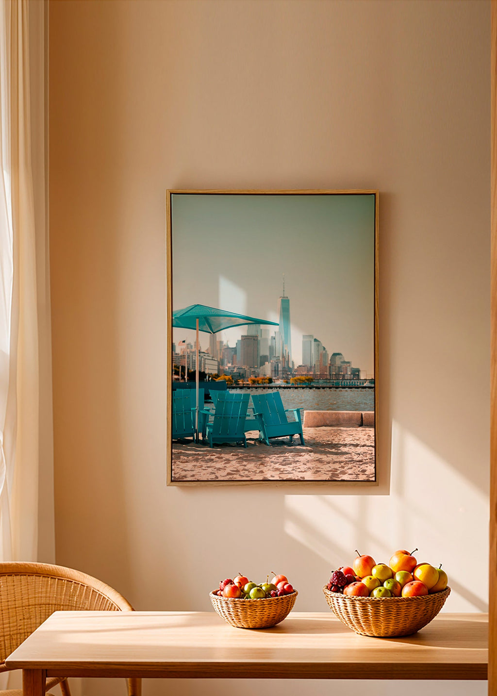 Travel poster with turquoise beach chairs and city skyline – Canvas1