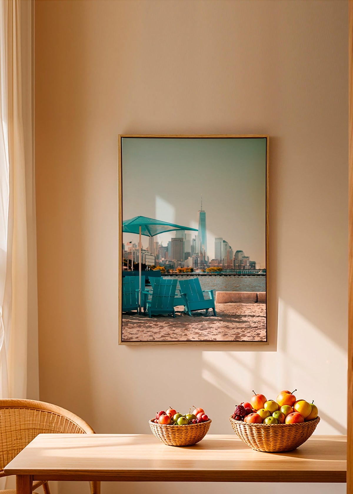 Travel poster with turquoise beach chairs and city skyline – Canvas1