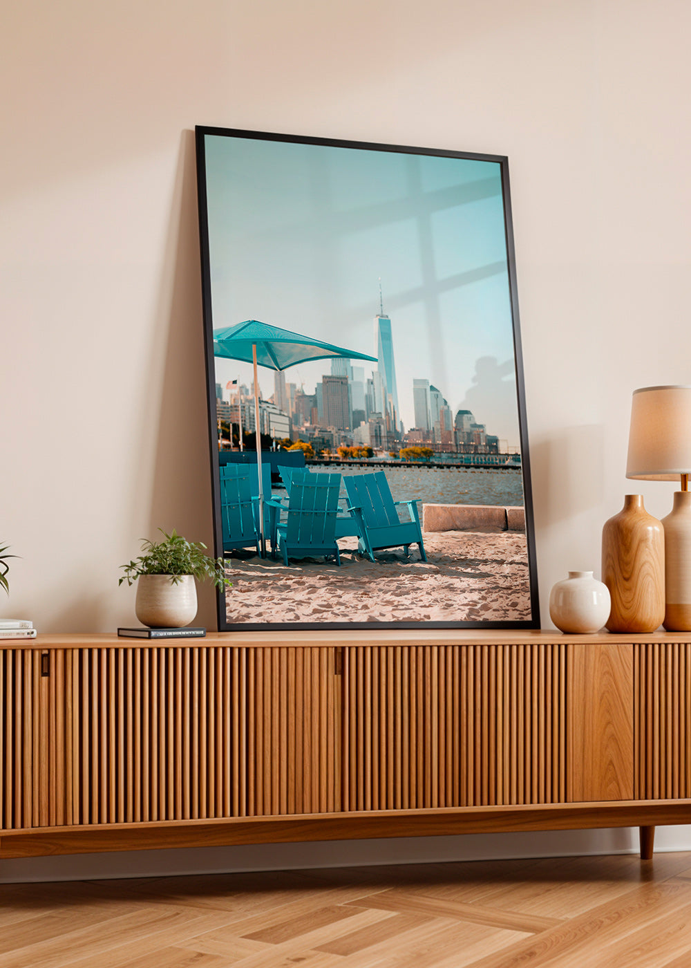 Travel poster with turquoise beach chairs and city skyline – Product1