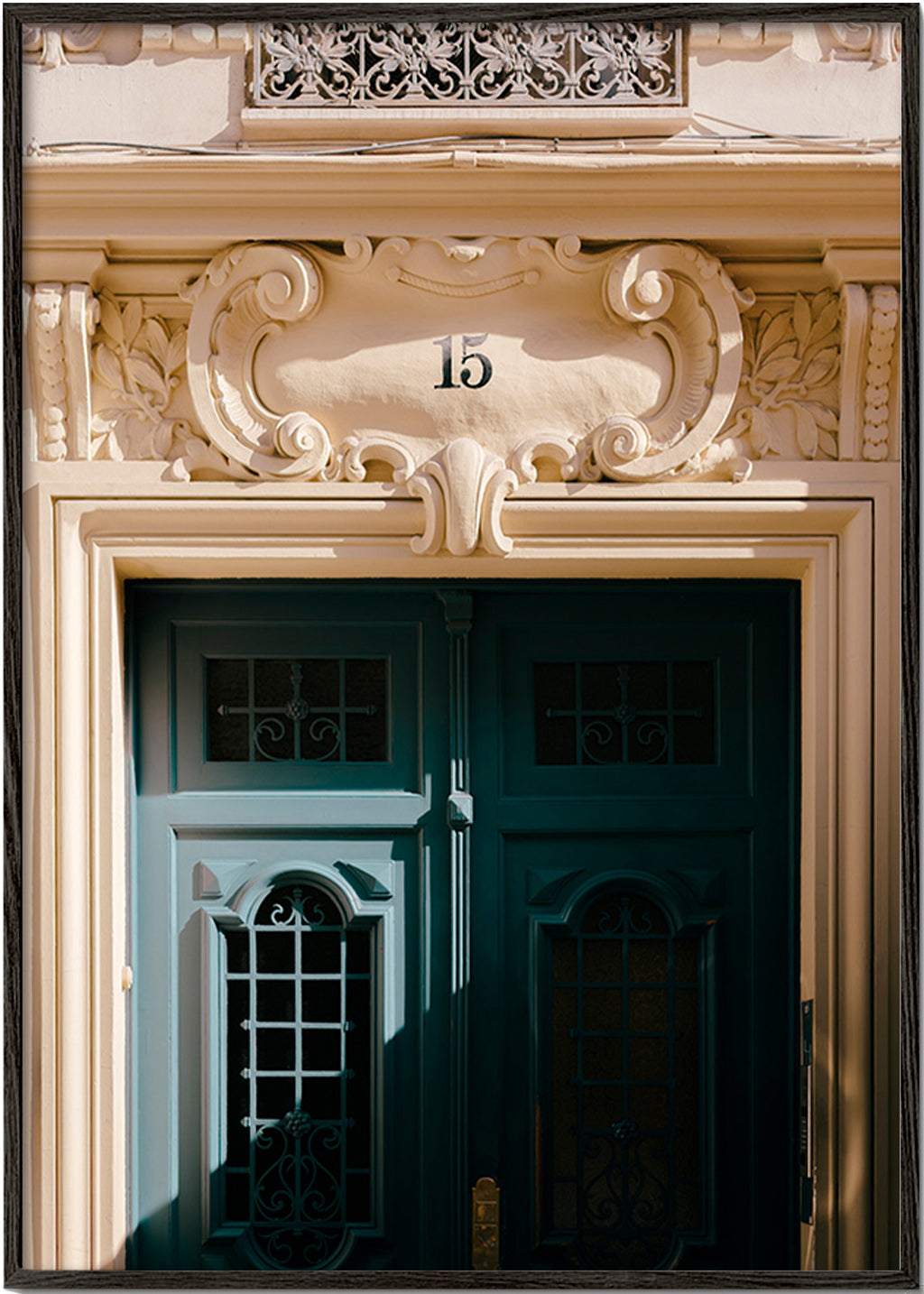City art: green door and number 15 – Black Frame