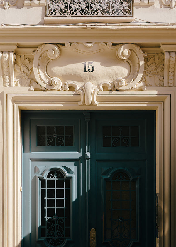 City art: green door and number 15