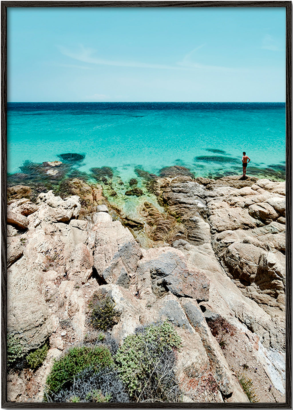 Landscape art: rocky coast with turquoise sea – Black Frame