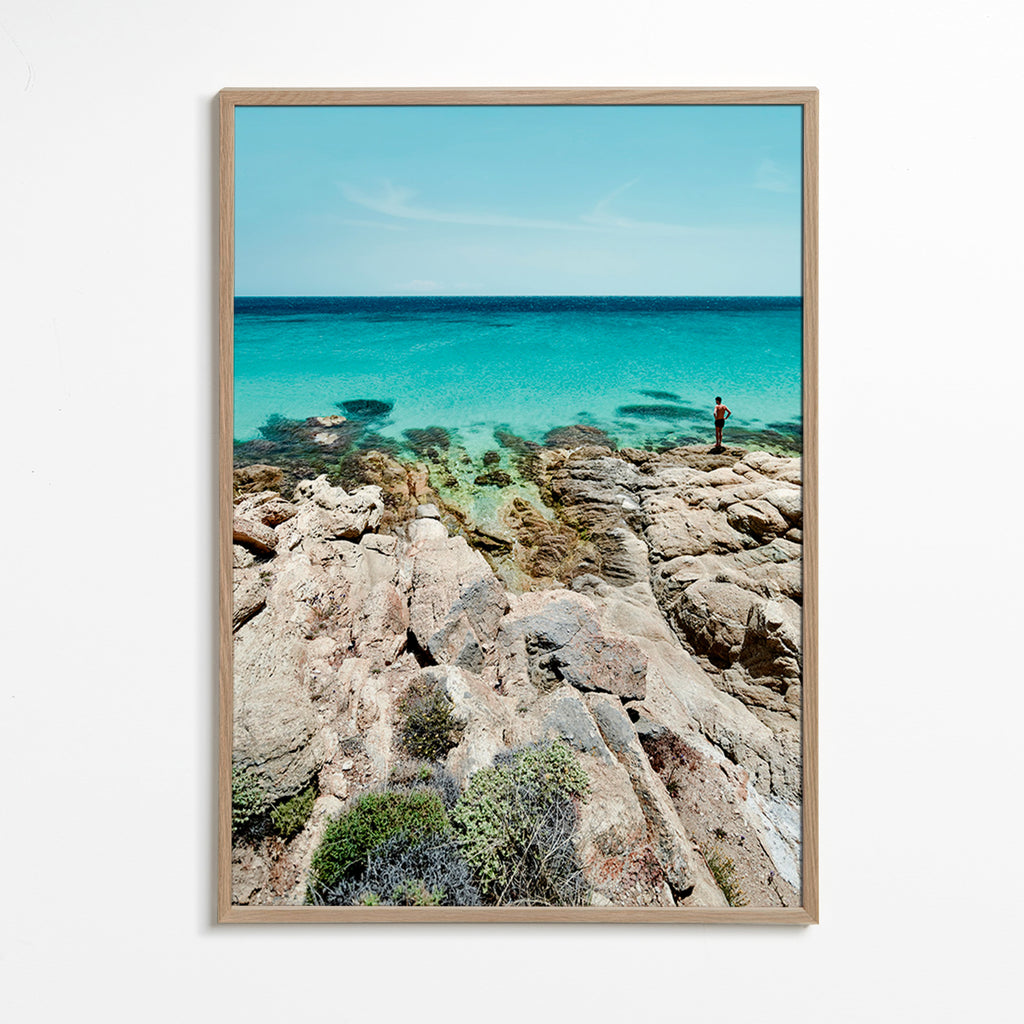 Landscape art: rocky coast with turquoise sea – Oak Frame