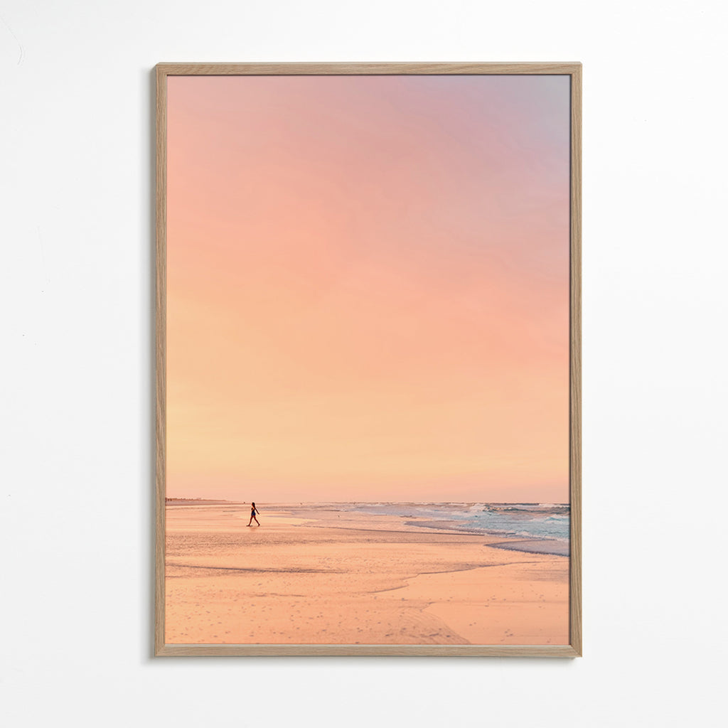 Landscape art: pastel beach at sunrise – Oak Frame