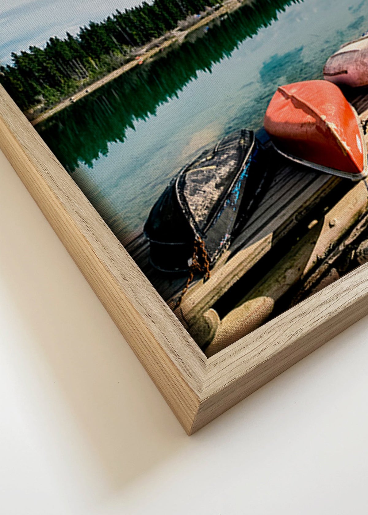 Landscape art: canoes on a wooden jetty – Canvas detail