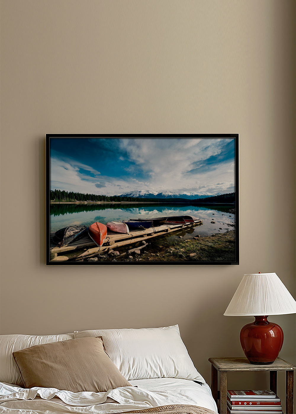 Landscape art: canoes on a wooden jetty – Canvas2