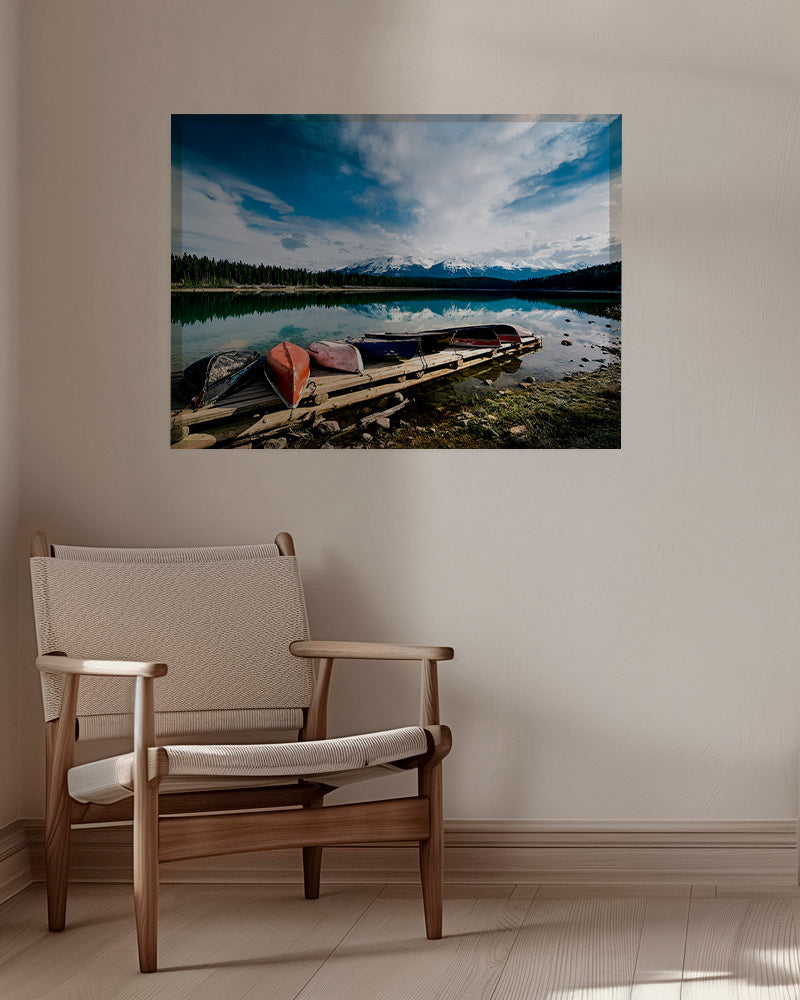 Landscape art: canoes on a wooden jetty – Canvas