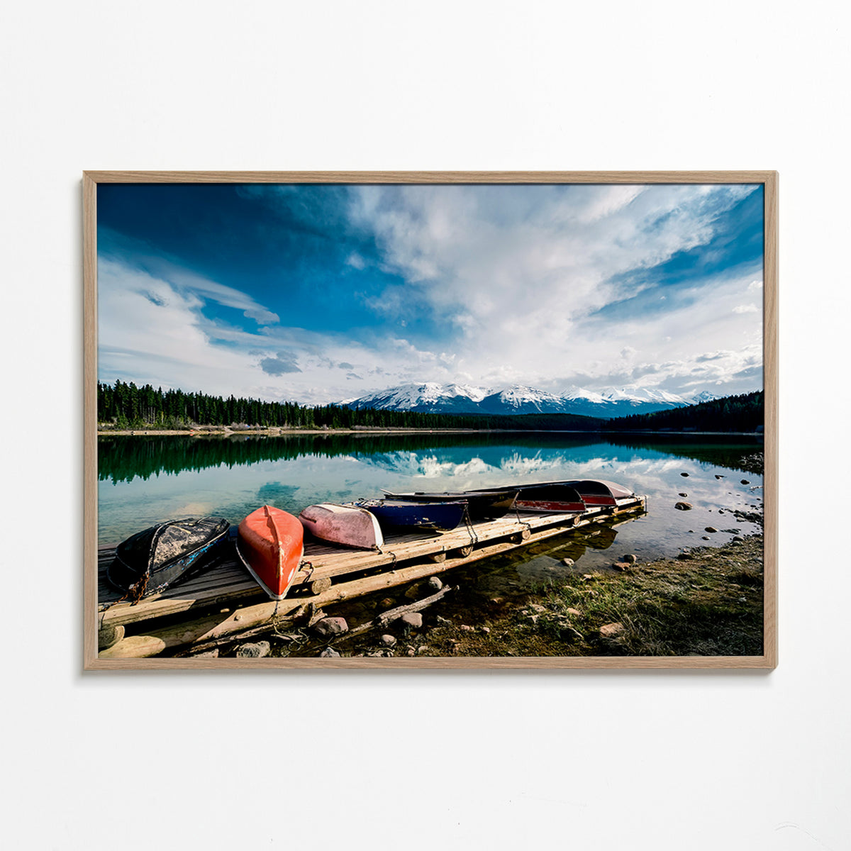 Landscape art: canoes on a wooden jetty – Oak Frame
