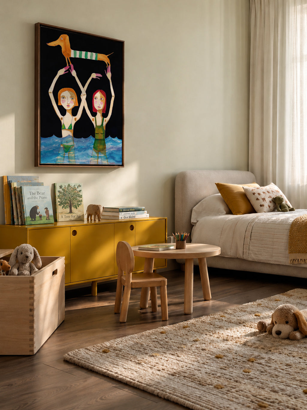 Swimming Girls with Sausage Dog - Framed canvas in an interior