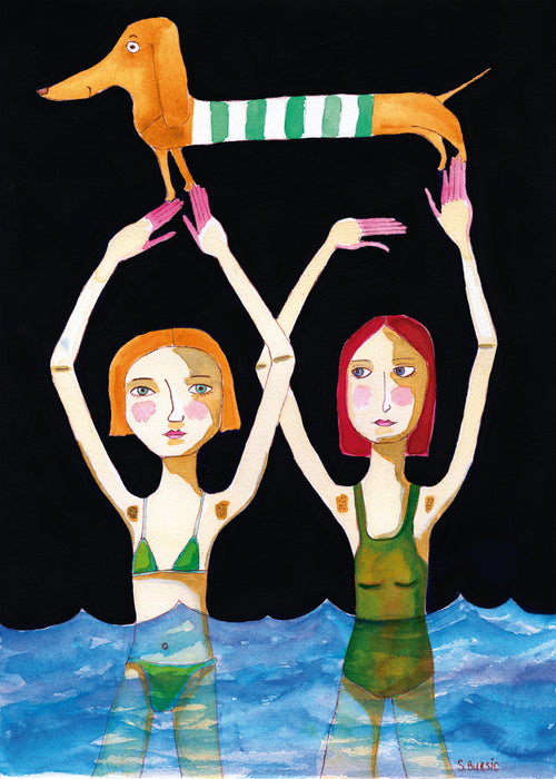 Swimming Girls with Sausage Dog - Unframed art print
