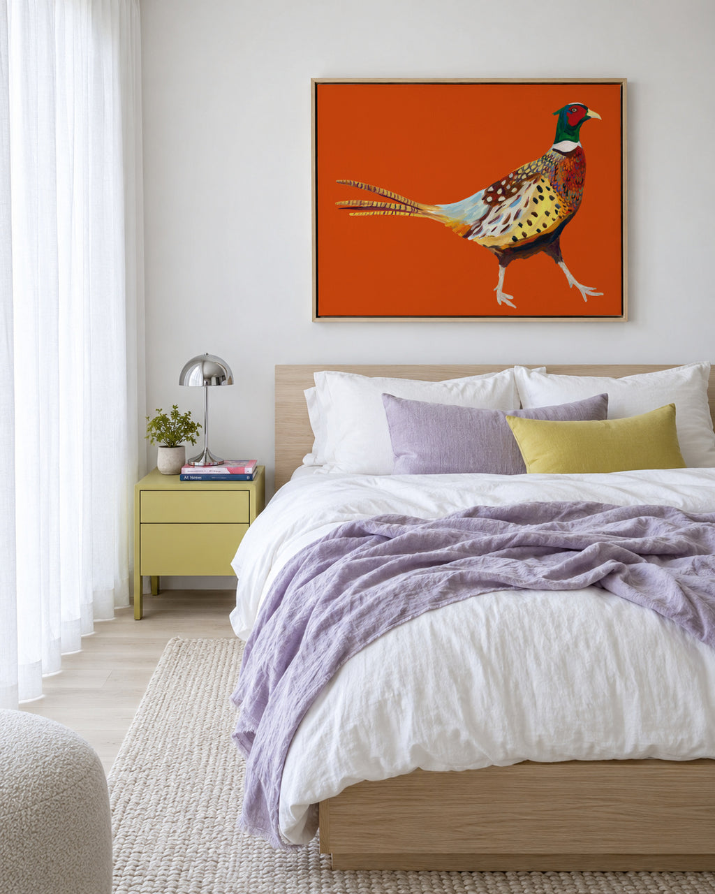 Strutting Pheasant On Orange - Framed canvas in an interior