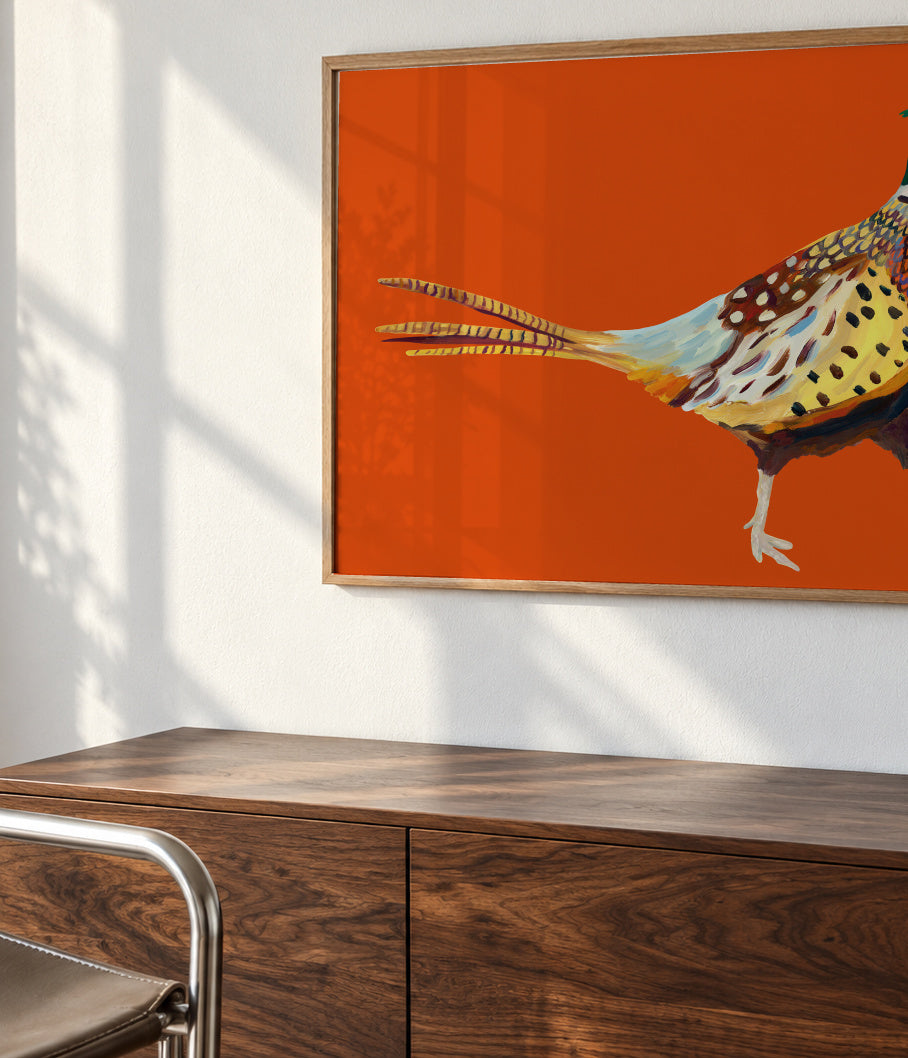 Strutting Pheasant On Orange - Framed poster detail