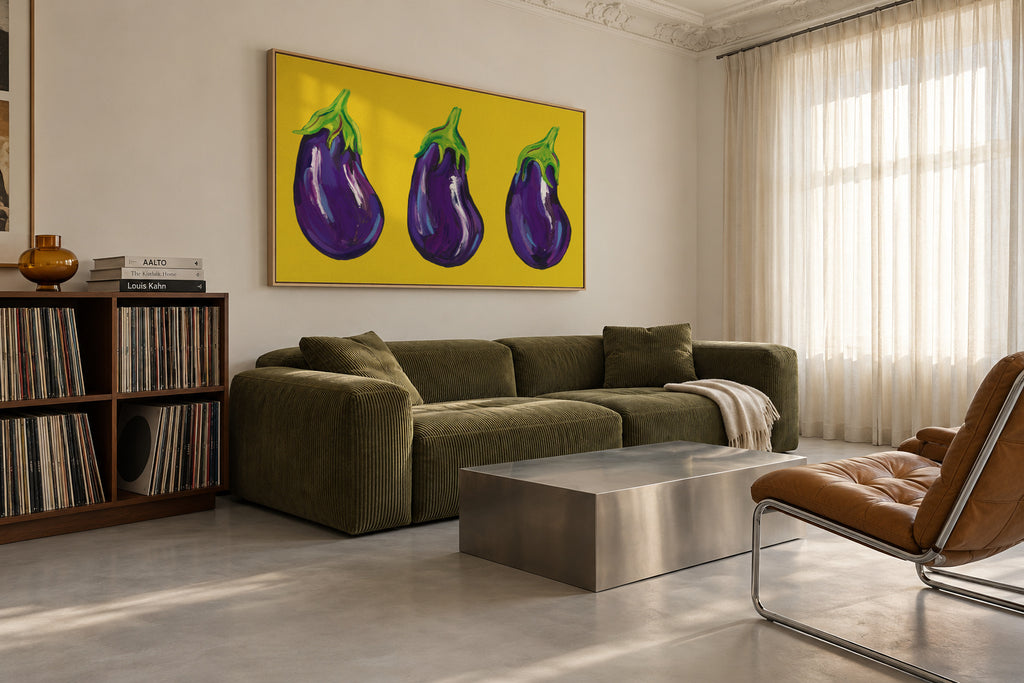 Aubergines On Yellow - Framed canvas in an interior