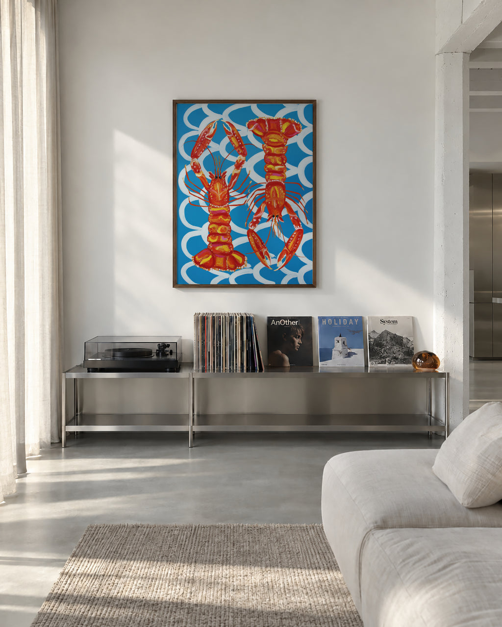 Langoustines On Blue - Framed poster in an interior