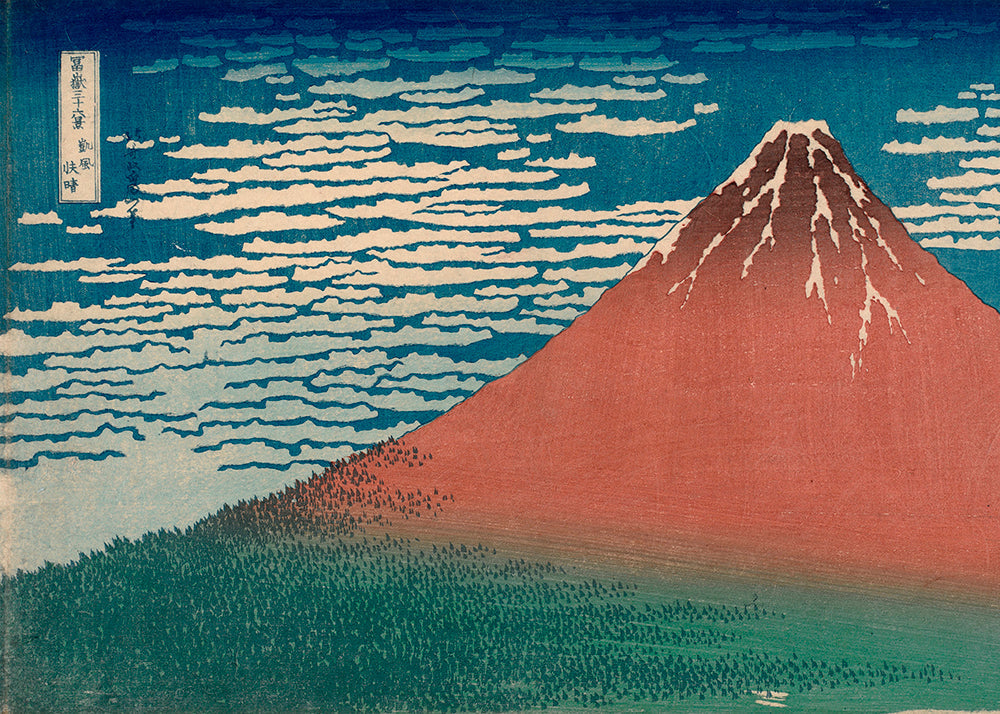Landscape art: Mount Fuji in red woodblock print | Wall art