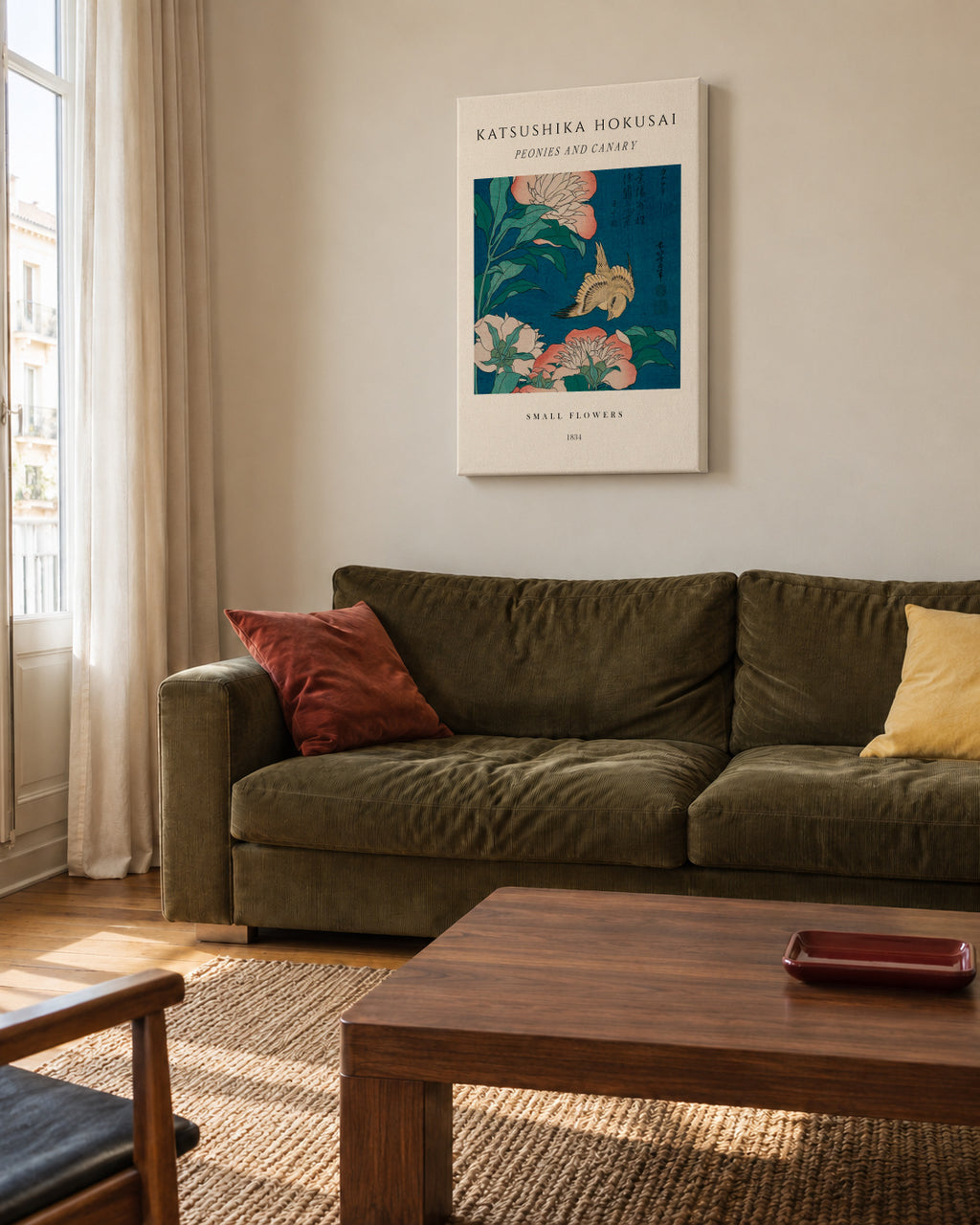 Peonies and Canary Exhibition - Katsushika Hokusai - Unframed canvas in an interior