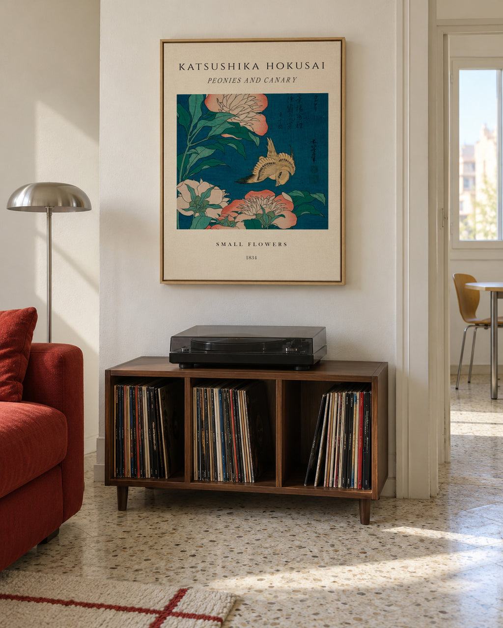 Peonies and Canary Exhibition - Katsushika Hokusai - Framed canvas in an interior