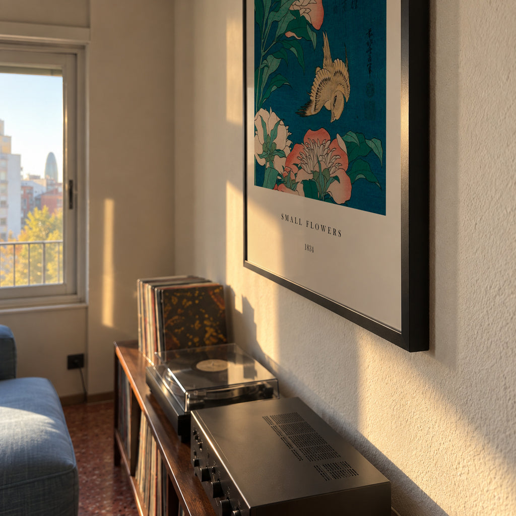 Peonies and Canary Exhibition - Katsushika Hokusai - Framed poster detail