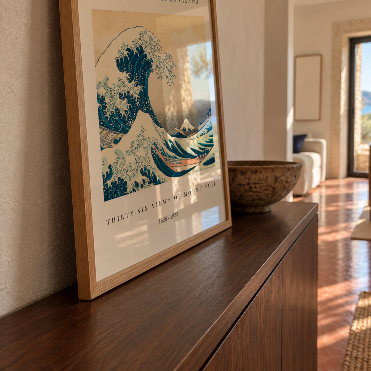 The Great Wave of Kanagawa Exhibition White - Katsushika Hokusai - Framed poster in an interior