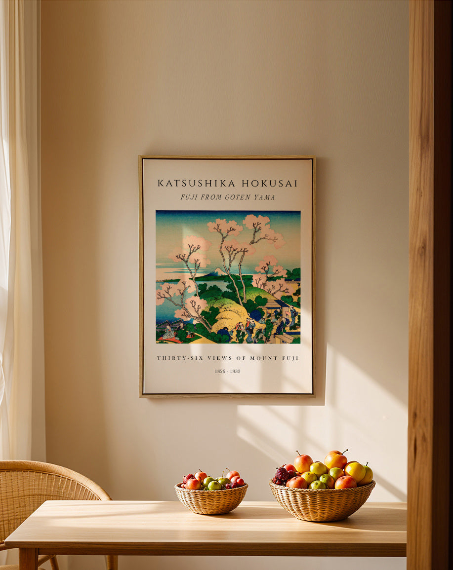 Fuji from Goten Yama Exhibition White - Katsushika Hokusai - Framed canvas in an interior