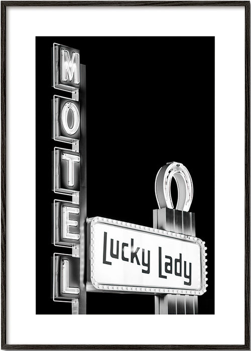 Photograph Lucky Lady motel neon sign – Black Frame