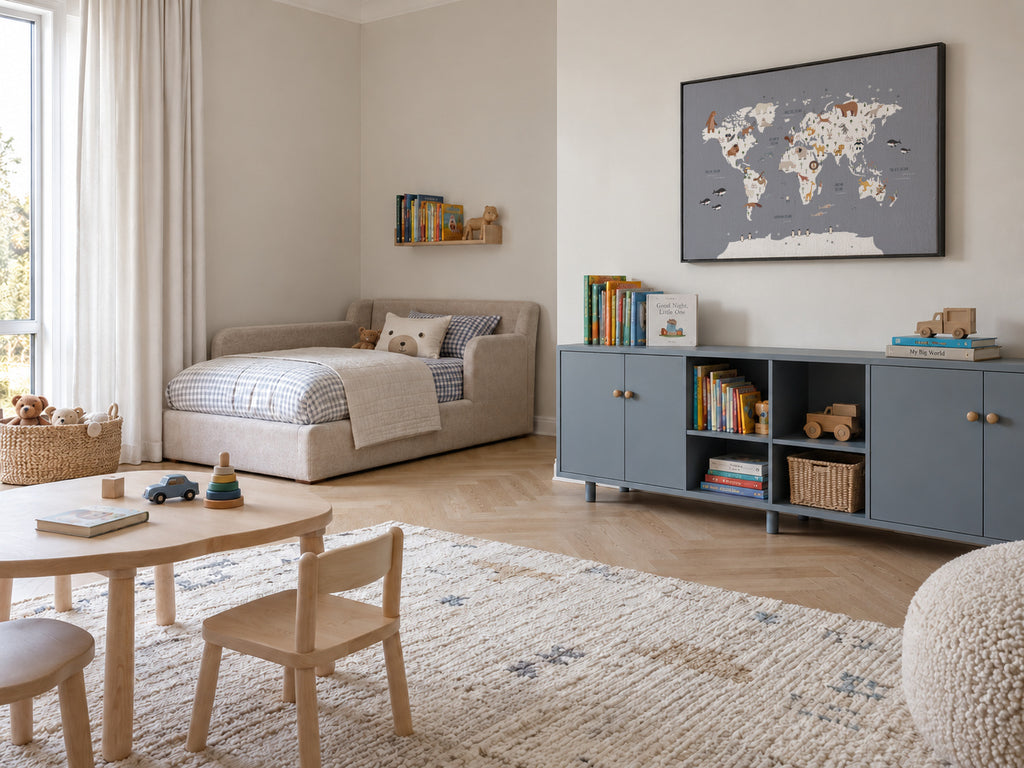 Mapa con animales azul cobalto - Framed canvas in an interior