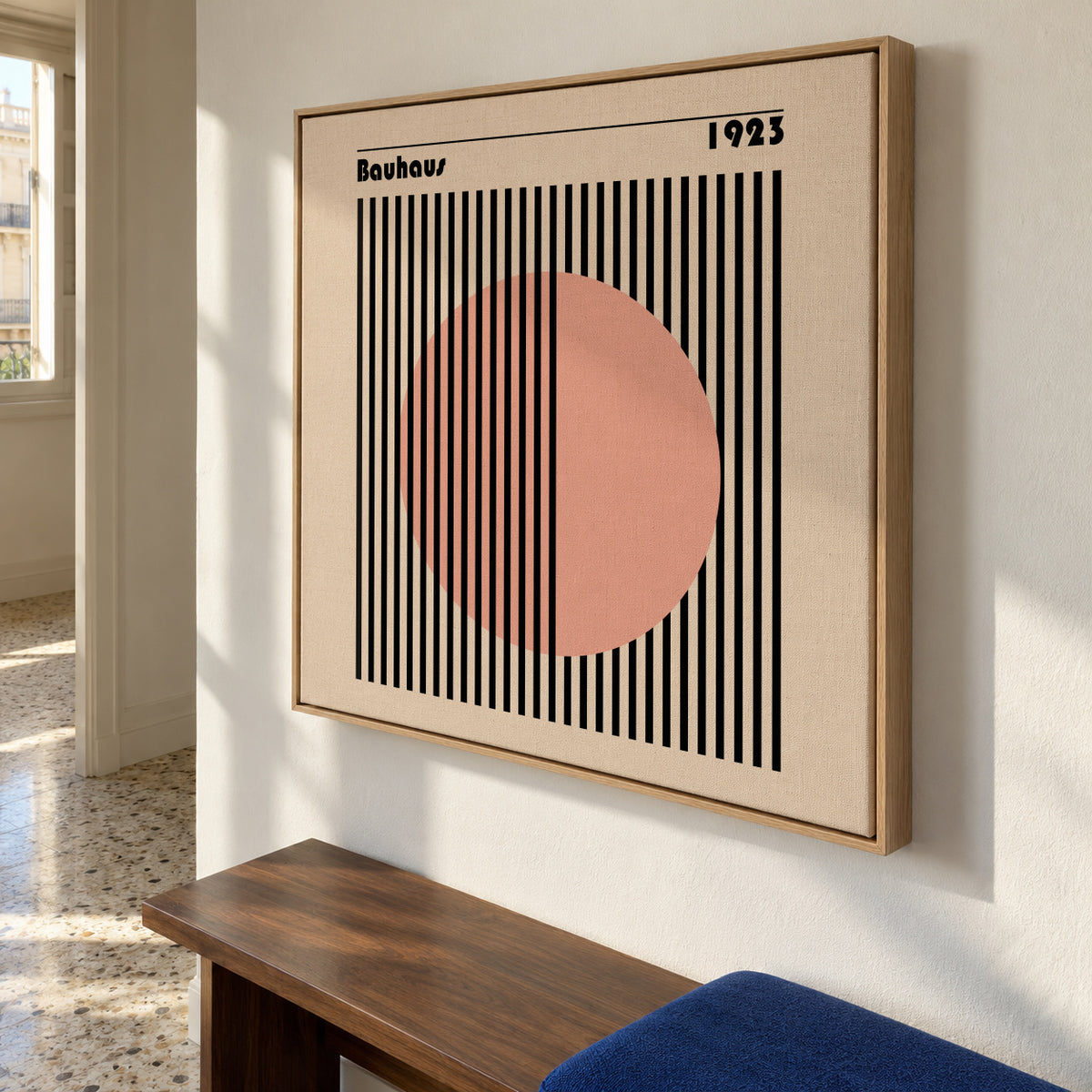Bauhaus Pink Circle II - Framed canvas in an interior