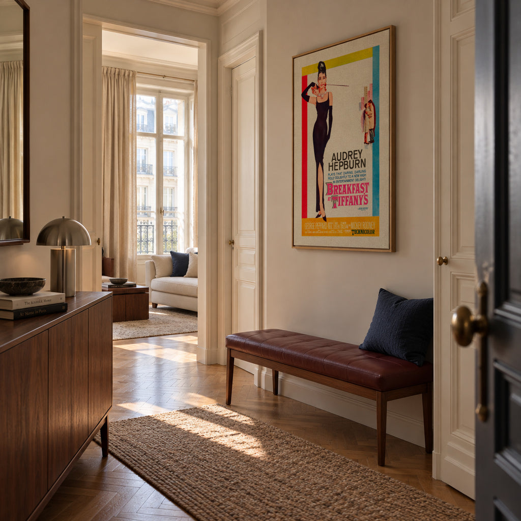 Audrey Hepburn Breakfast at Tiffanys 1961 film poster - Framed canvas in an interior