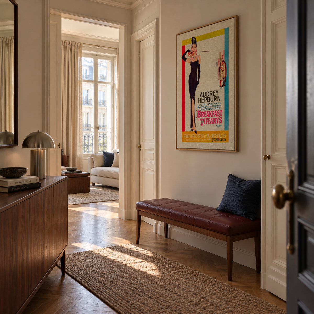 Audrey Hepburn Breakfast at Tiffanys 1961 film poster - Framed canvas in an interior