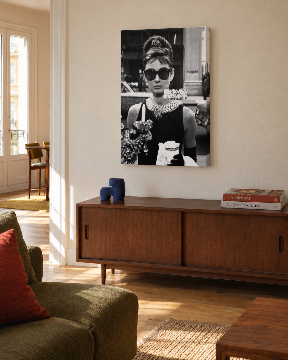 Audrey Hepburn in Breakfast at Tiffany vintage photograph. - Unframed canvas in an interior
