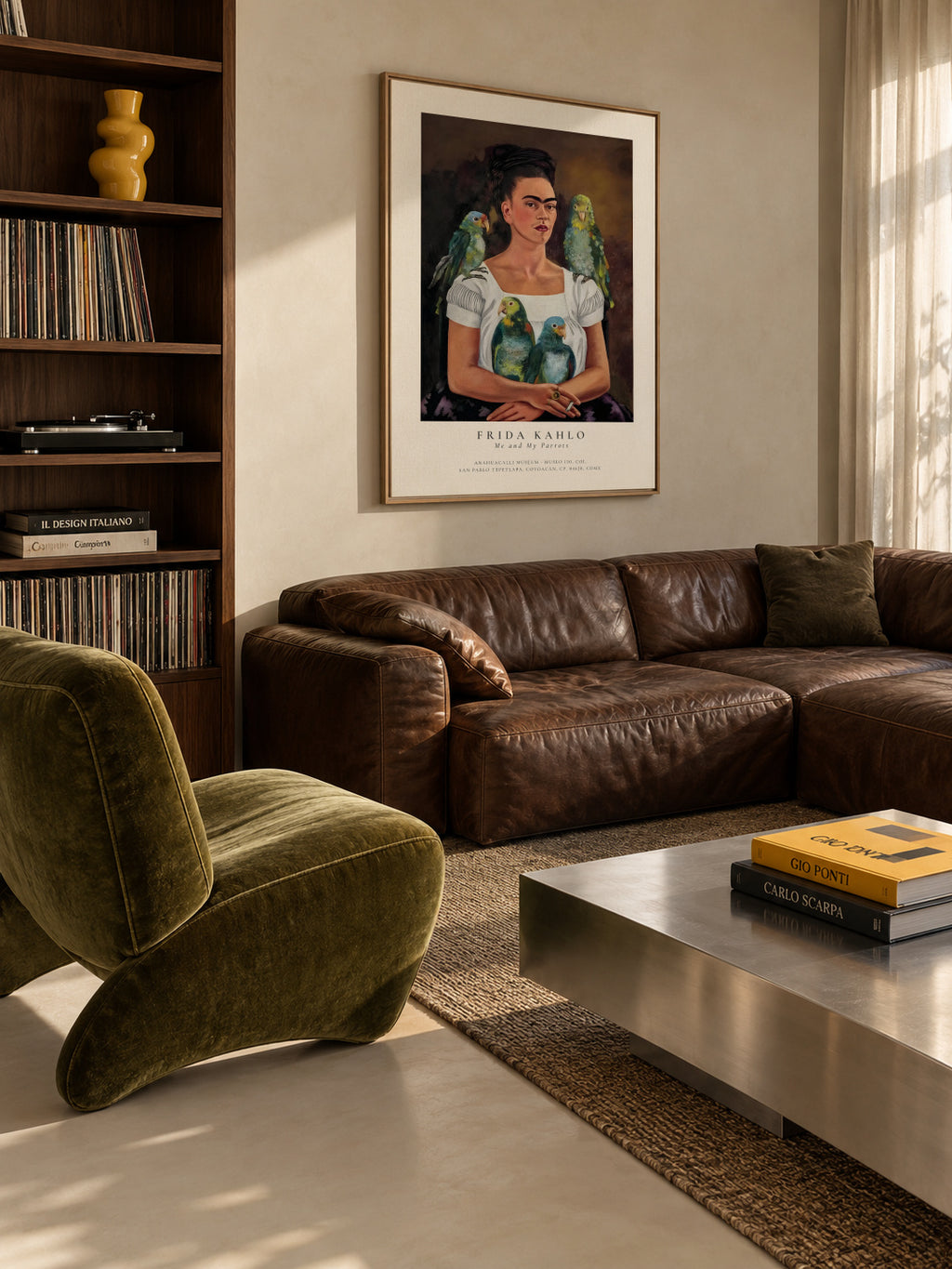 Frida Kahlo, Me and My Parrots - Framed canvas in an interior