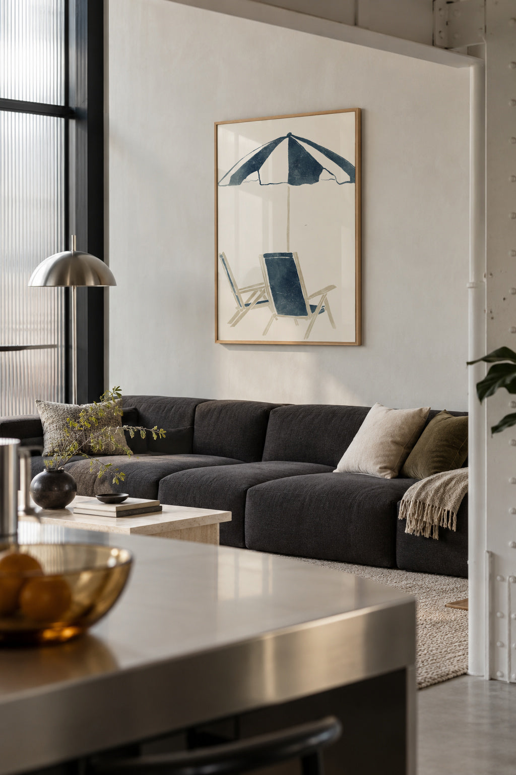 Blue Umbrella and Chairs - Framed poster in an interior