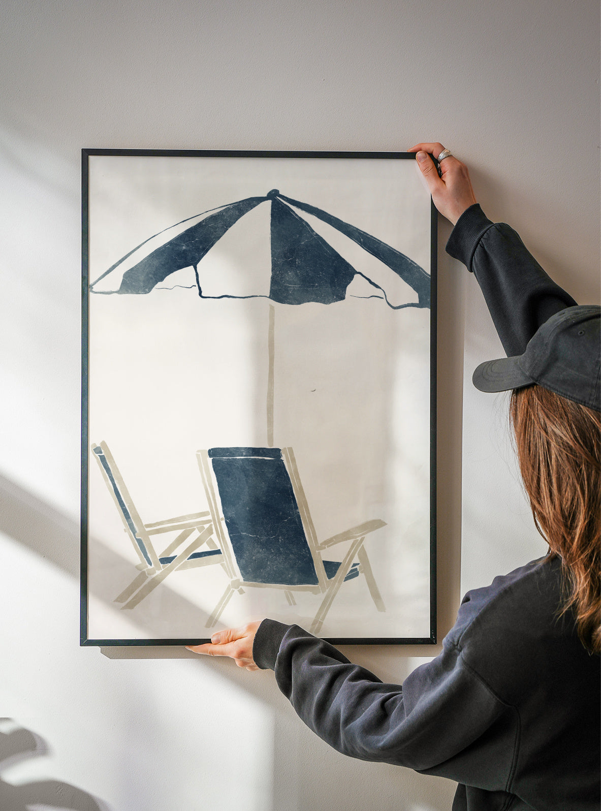 Blue Umbrella and Chairs - Framed poster detail