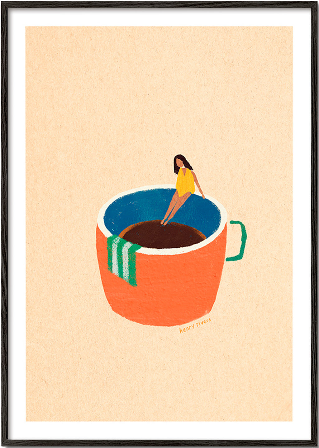 Kitchen art featuring an illustrated coffee cup and figure – Black Frame