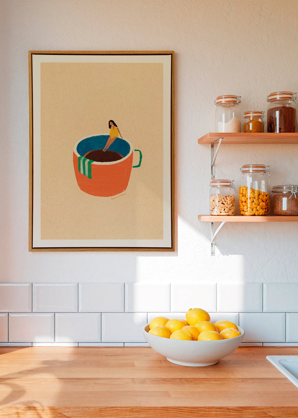 Kitchen art featuring an illustrated coffee cup and figure – Canvas1