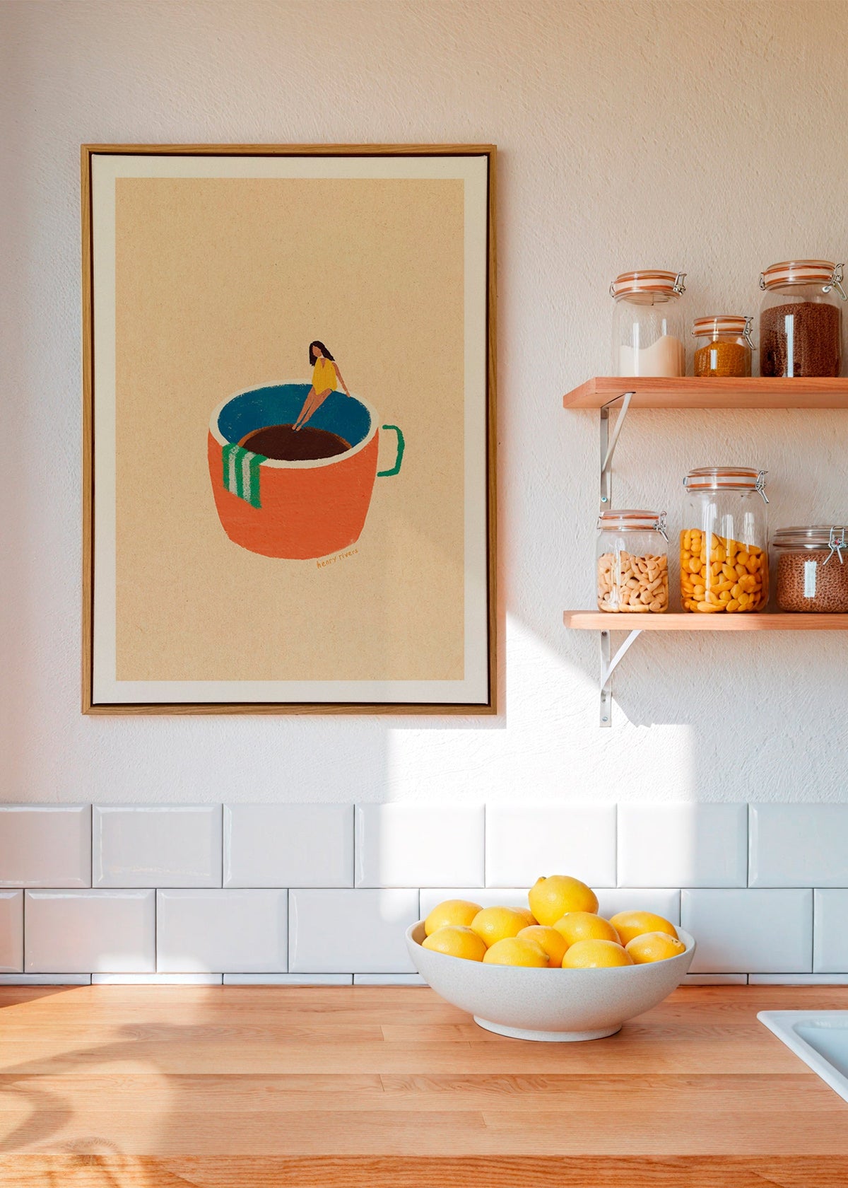 Kitchen art featuring an illustrated coffee cup and figure – Canvas1