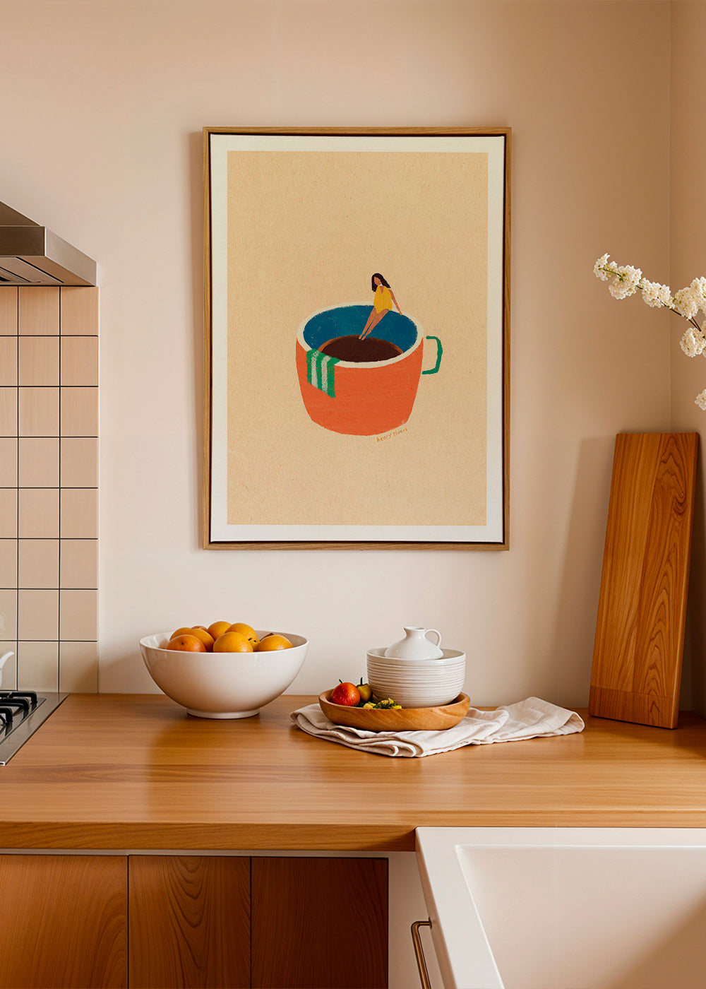 Kitchen art featuring an illustrated coffee cup and figure – Canvas2