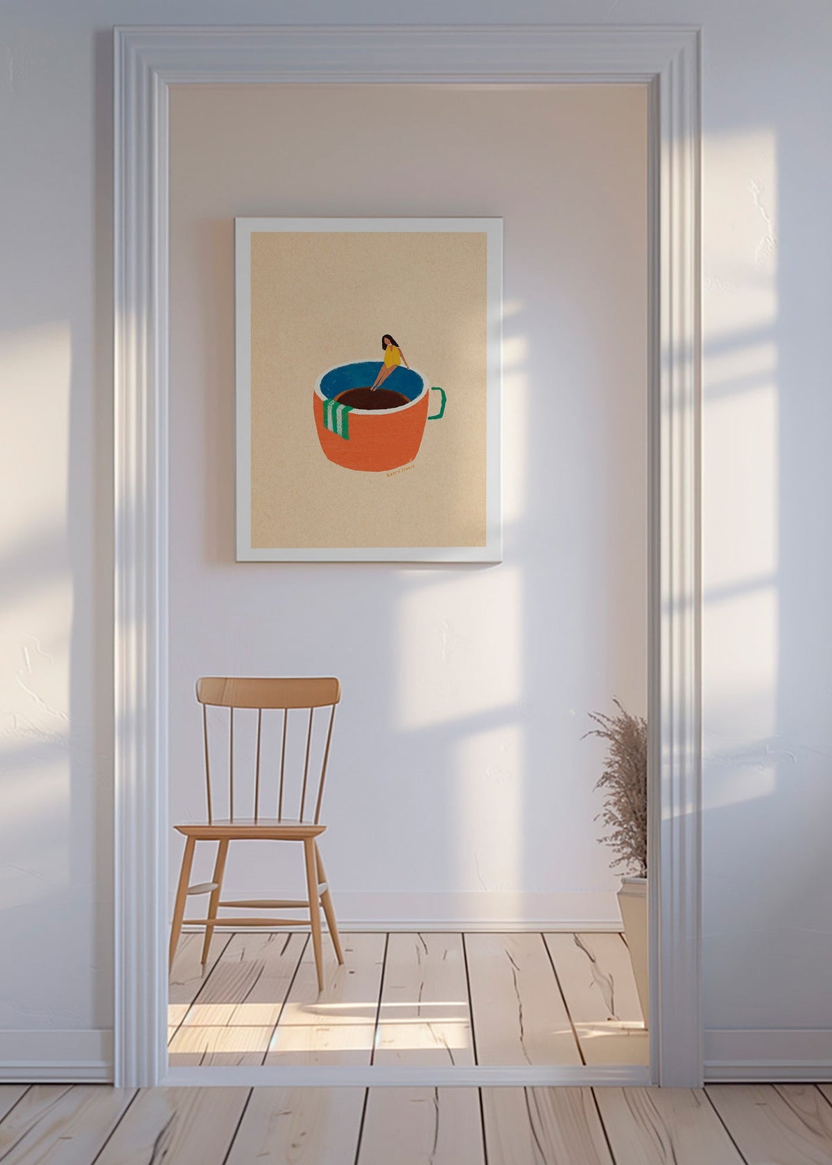 Kitchen art featuring an illustrated coffee cup and figure – Canvas