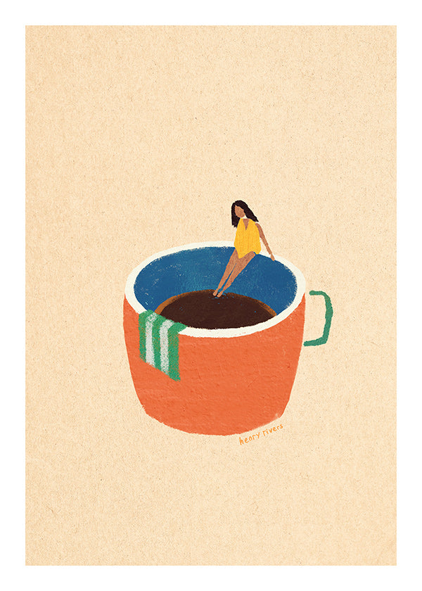Kitchen art featuring an illustrated coffee cup and figure