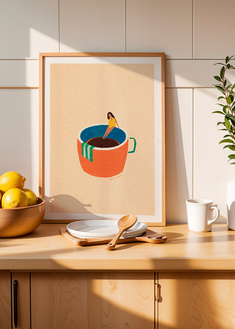 Kitchen art featuring an illustrated coffee cup and figure – Product1