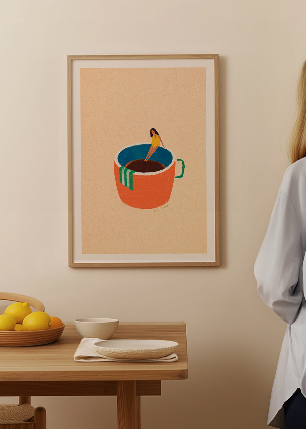 Kitchen art featuring an illustrated coffee cup and figure – Product3