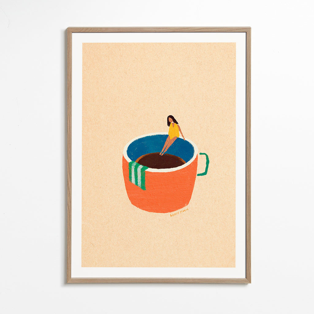 Kitchen art featuring an illustrated coffee cup and figure – Oak Frame