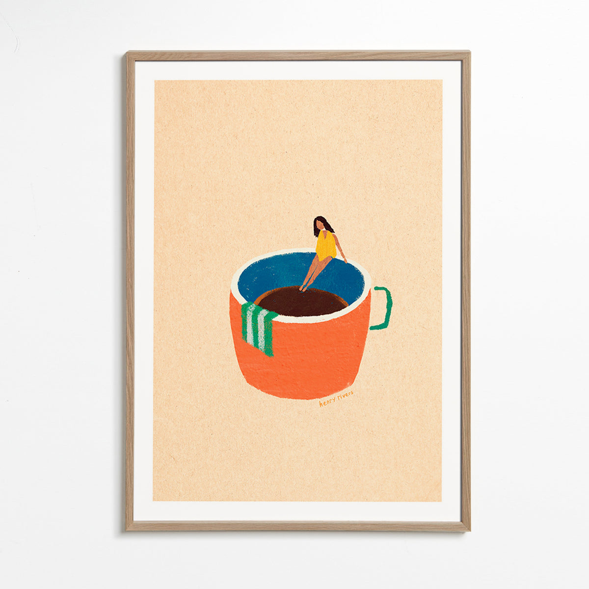 Kitchen art featuring an illustrated coffee cup and figure – Oak Frame