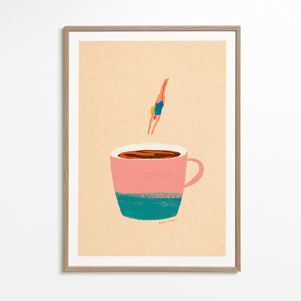 Kitchen art: pink cup with diver – Oak Frame