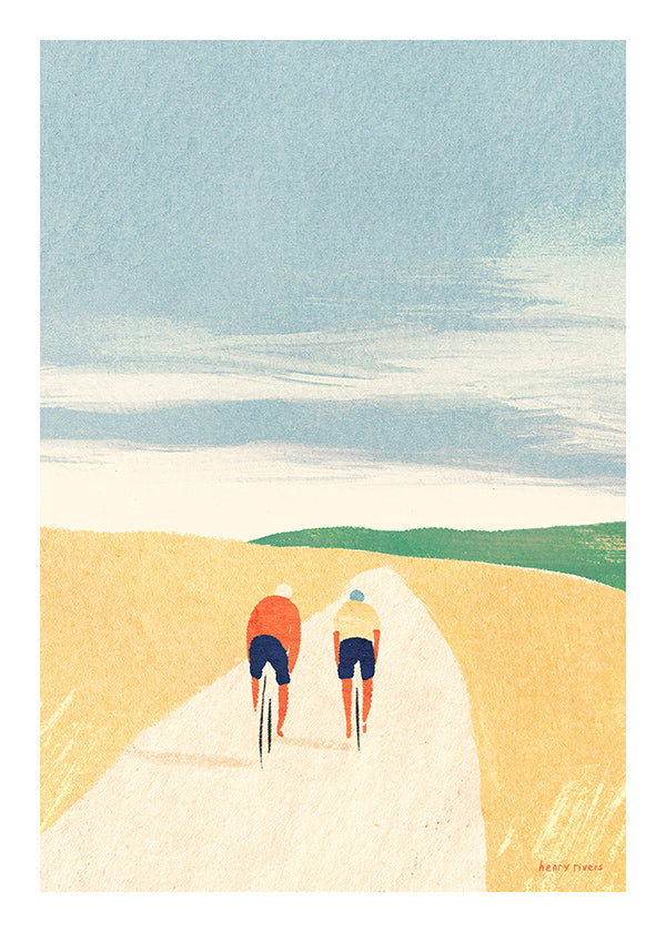Sports art: two cyclists on a country road