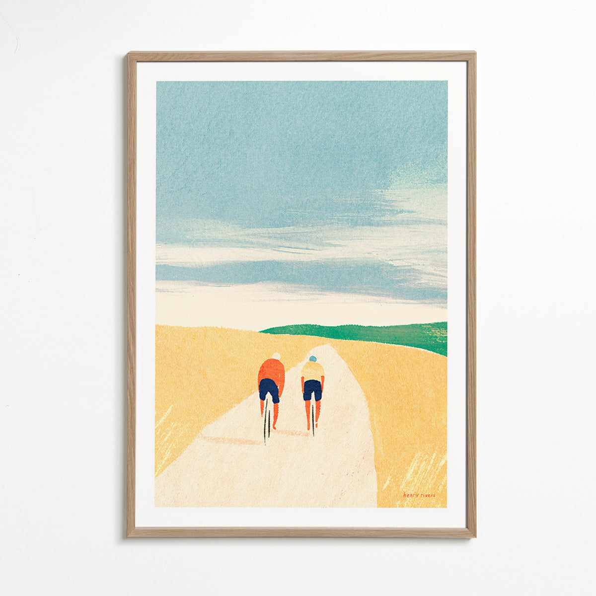 Sports art: two cyclists on a country road – Oak Frame