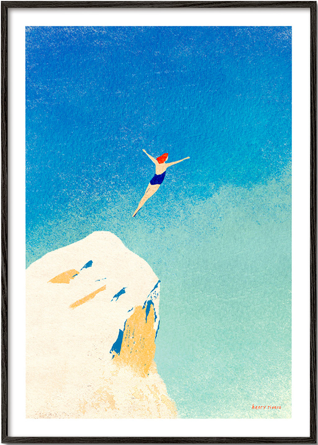 Illustration: cliff dive against an expansive blue sky – Black Frame