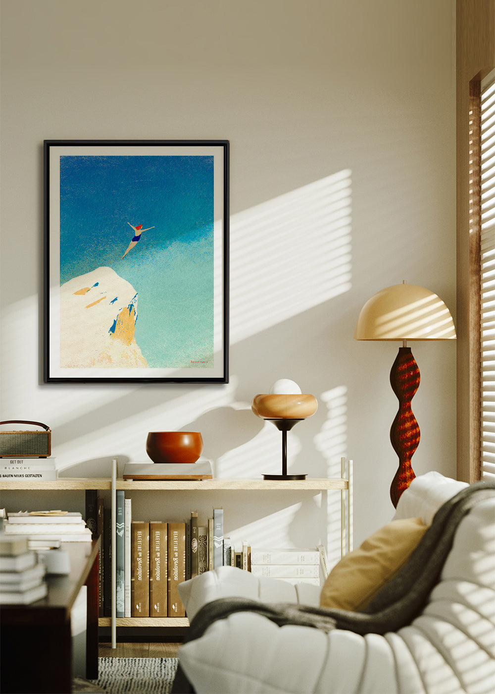 Illustration: cliff dive against an expansive blue sky – Canvas2